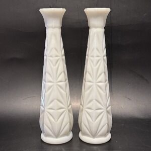 (2) Vintage Hoosier White Milk Glass Flower Bud Vase Starburst Pattern MCM